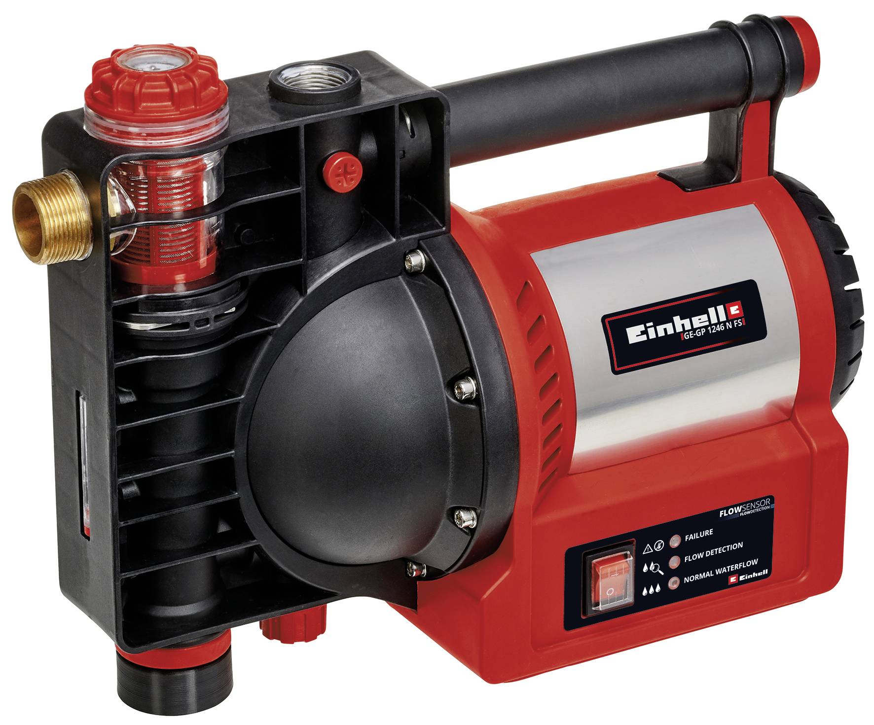 Pompe à eau Einhell, rouge et noir, construction compacte, poignée de transport en haut, entrée et sortie sur le côté, utilisée pour l'approvisionnement en eau domestique.