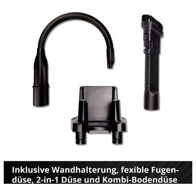 Ensemble d'accessoires pour aspirateur sans fil avec support mural, brosse fente et brosse combinée sol ainsi que tube courbé ; en bas est écrit « Inclus support mural, brosse fente flexible, embout 2-en-1 et brosse combinée sol ».