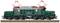 Un modèle d'une locomotive électrique historique verte avec un équipement de toit rouge, stationnée sur une section de rail.