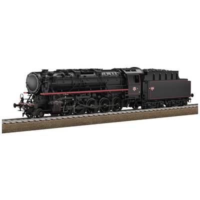 Locomotive à vapeur noire sur des rails. Design historique avec des accents rouges. Chargée de charbon dans la zone arrière.