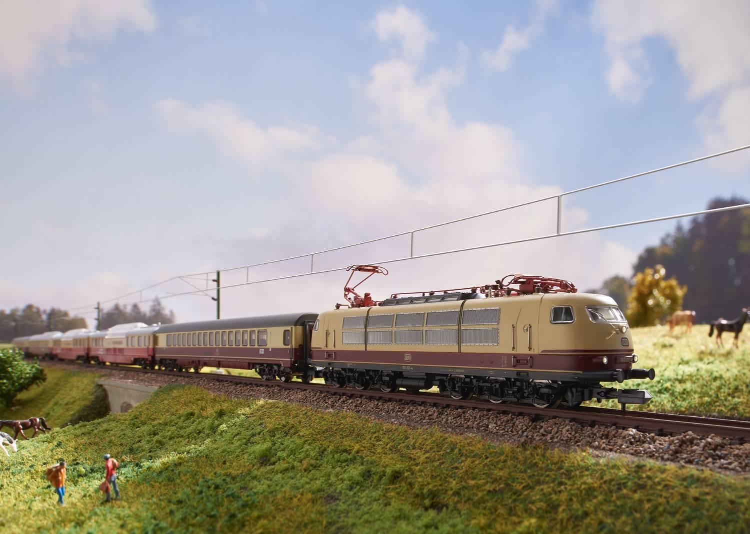 Un train miniature traverse un paysage rural, passant devant des prairies verdoyantes et des arbres sous un ciel partiellement nuageux.
