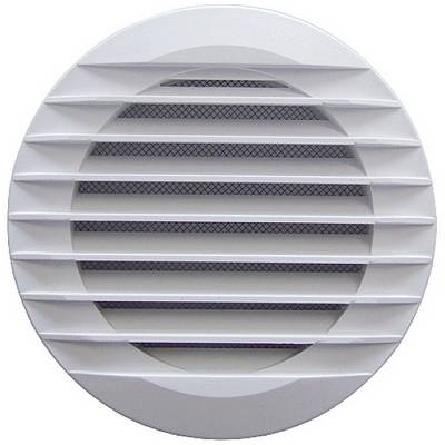 Grille de ventilation ronde blanche à lamelles horizontales, destinée à la ventilation et à la circulation de l'air, sur un fond gris.