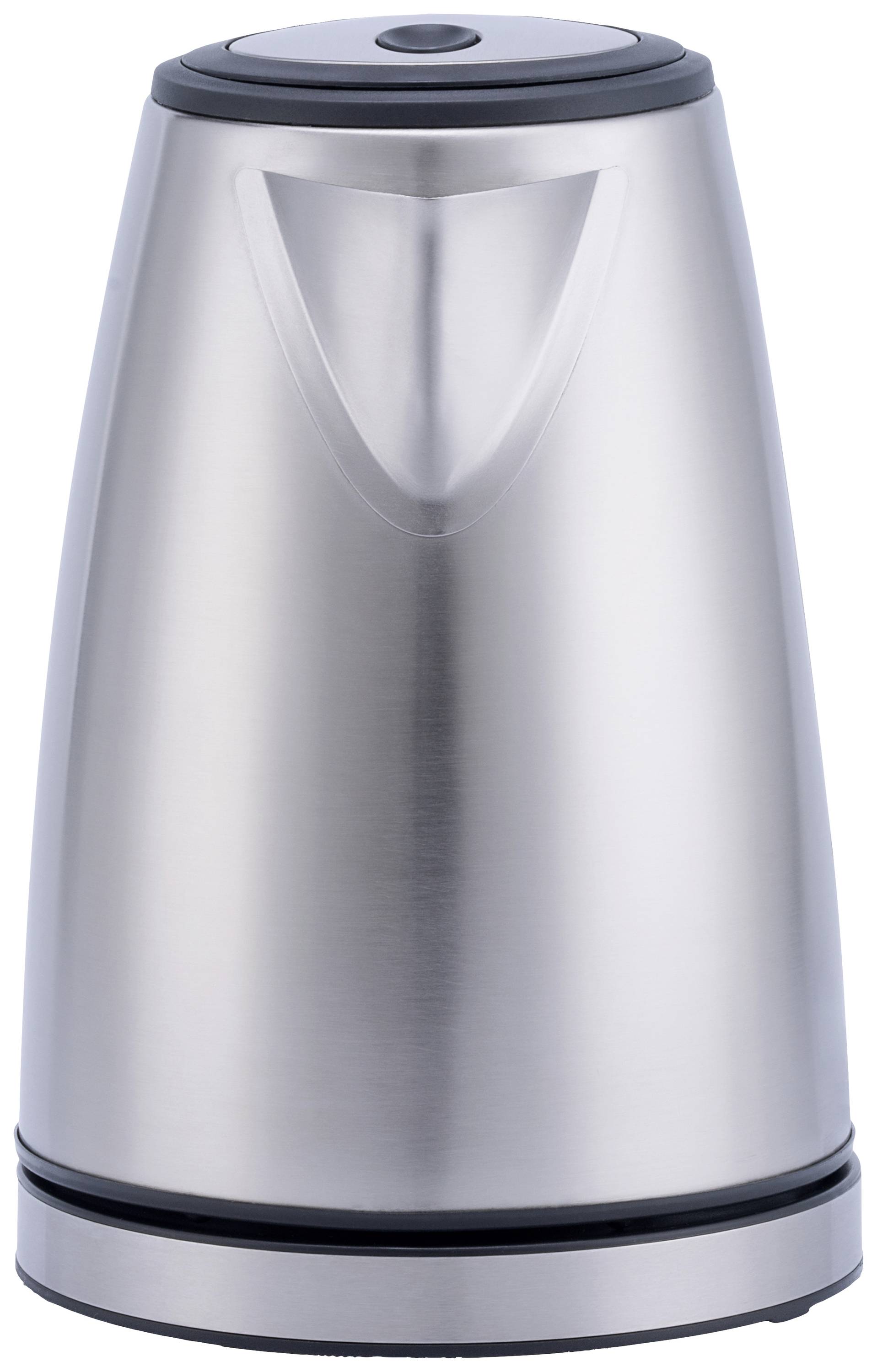 Bouilloire en argent au design arrondi avec poignée noire.