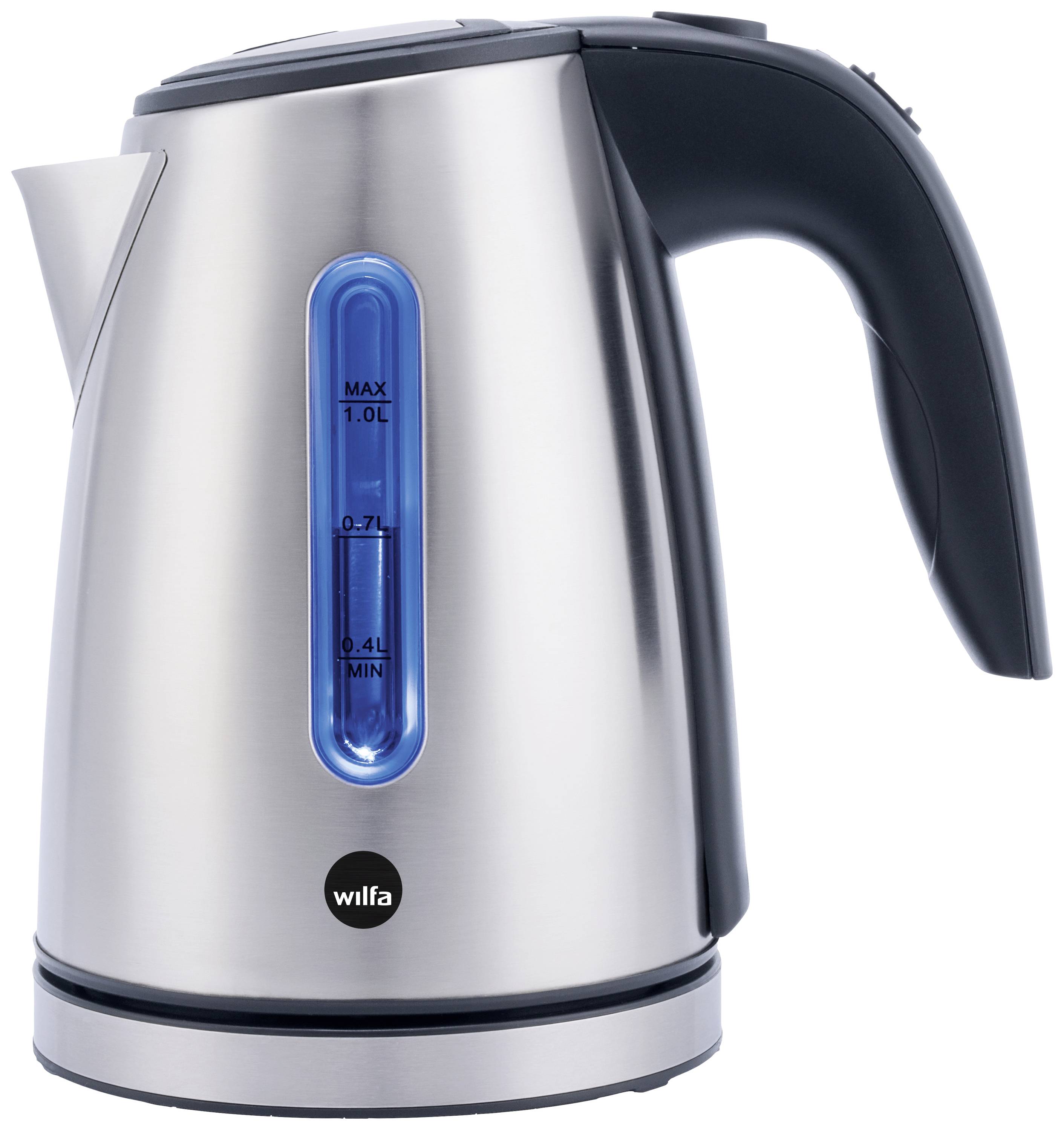 Bouilloire argentée avec poignée noire et indicateur de niveau d'eau bleu. Capacité jusqu'à 1 litre. Logo de marque 'wilfa' visible.