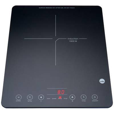 Plaque de cuisson à induction noire avec affichage numérique, indiquant '1800 W'. Touches de commande : puissance, température, minuterie.