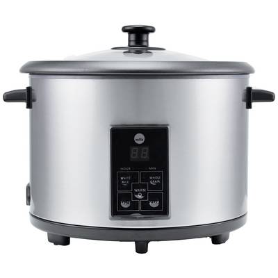 Un cuiseur à riz en acier inoxydable avec affichage numérique et plusieurs touches de fonction pour différents types de riz et options de cuisson à la vapeur.
