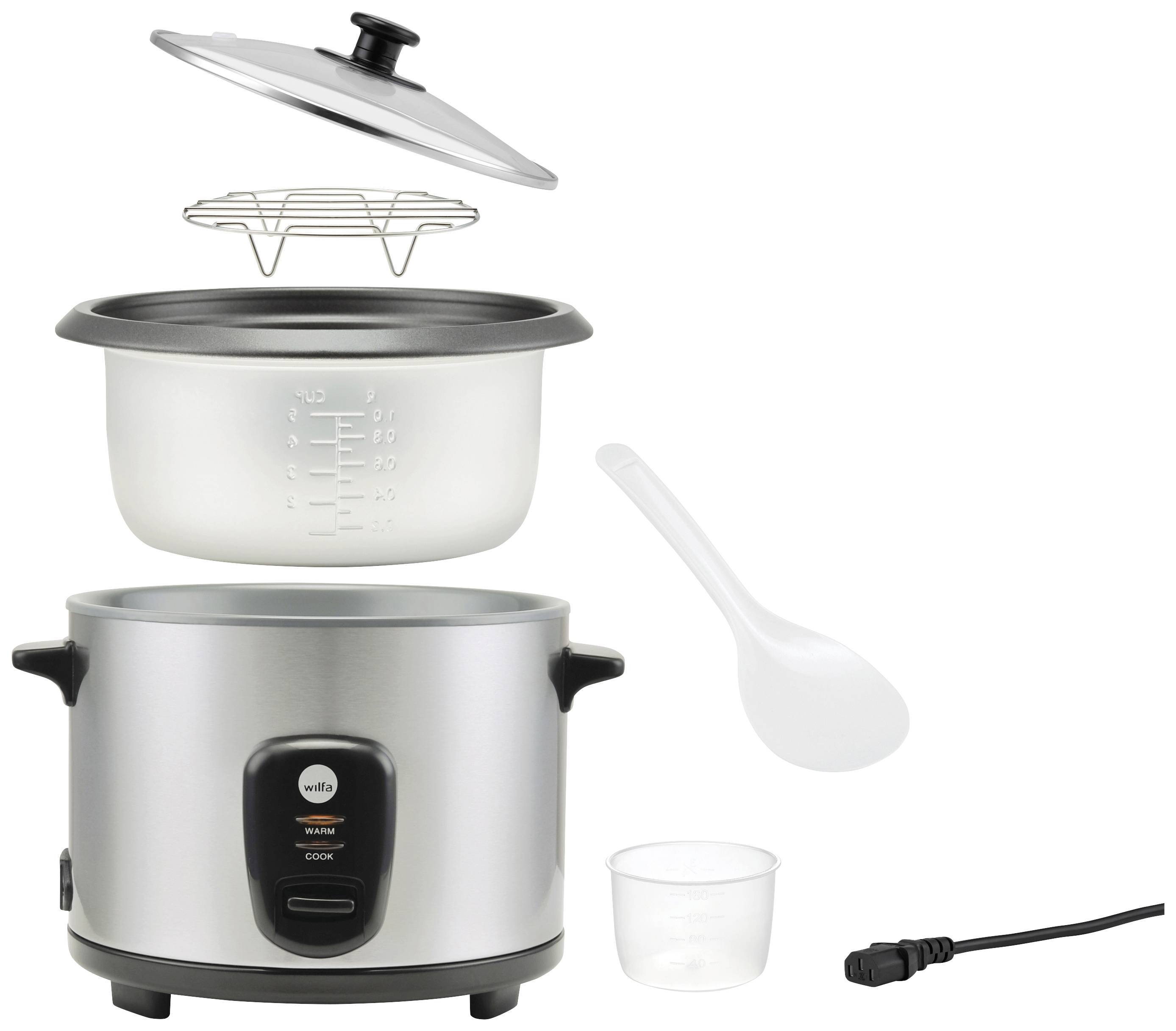 Ensemble cuiseur à riz comprenant un couvercle, un bol intérieur, une grille, une cuillère, un verre doseur et un câble d'alimentation. Parfait pour cuire et maintenir le riz au chaud.