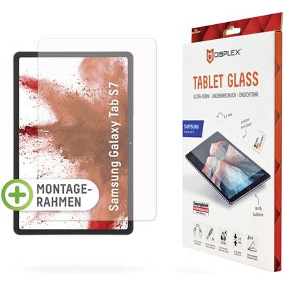 Film de protection d'écran pour Samsung Galaxy Tab S7 avec cadre de montage. L'emballage présente des caractéristiques produit telles que ultra-fin, incassable.