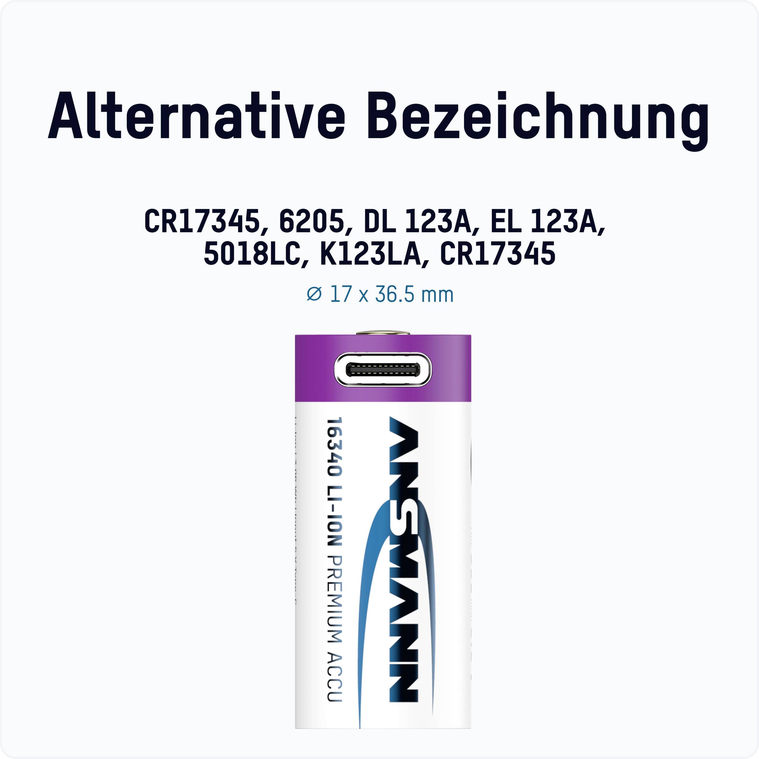 Désignation alternative : CR17345, 6205, DL 123A, EL 123A, 5018LC, K123LA, CR17345. Ø 17 x 36,5 mm