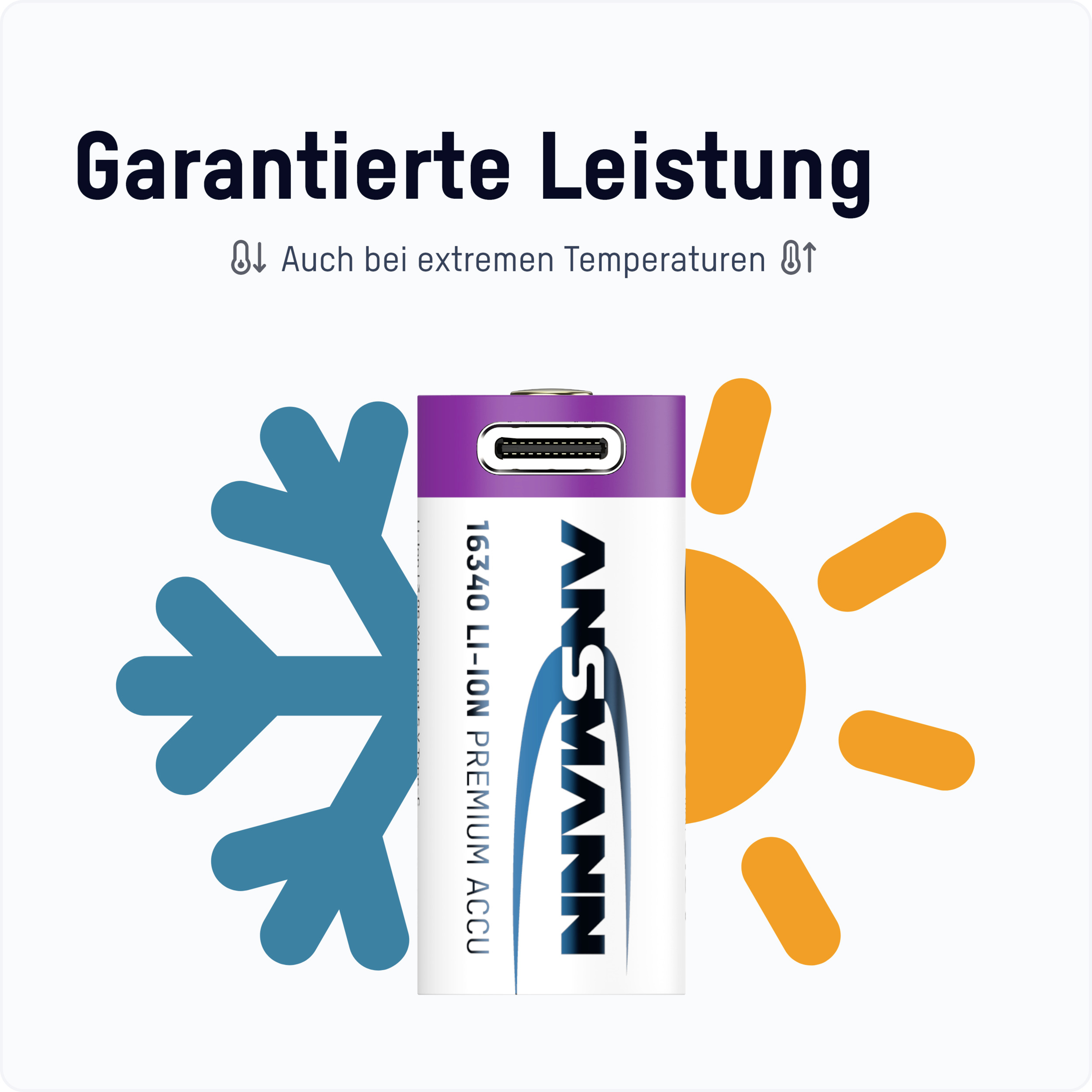 '16 340 Batterie Li-Ion' à côté d'un flocon de neige et d'un soleil. Texte au-dessus indiquant 'Performance garantie même à des températures extrêmes'.