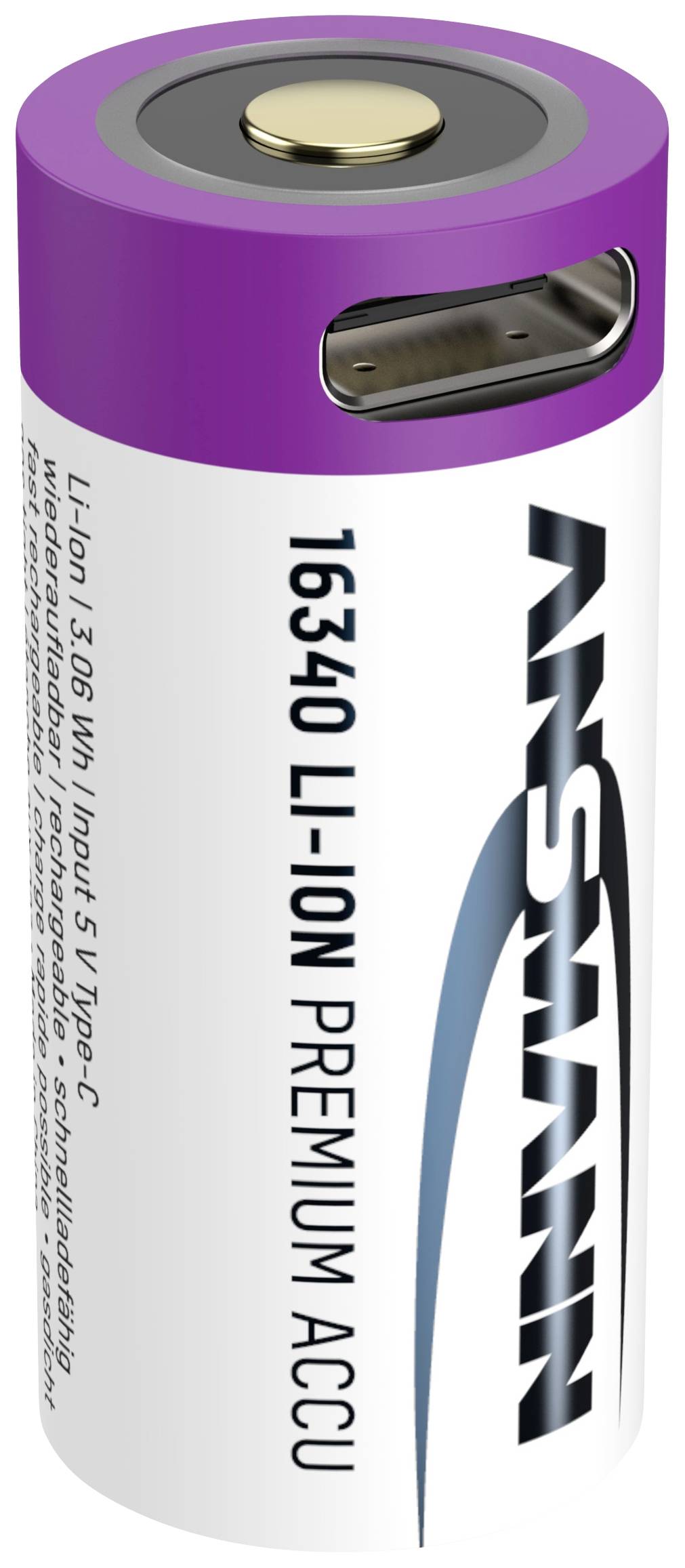 Batterie Li-Ion lilas et blanche avec connexion de type C, étiquetée '16340 3,6V Batterie Li-Ion Premium' avec du texte supplémentaire sur le côté.