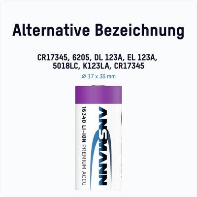 Désignation alternative au-dessus d'une batterie avec les spécifications CR17345, 6205, DL 123A, EL 123A, 5018LC, K123LA, CR17345.