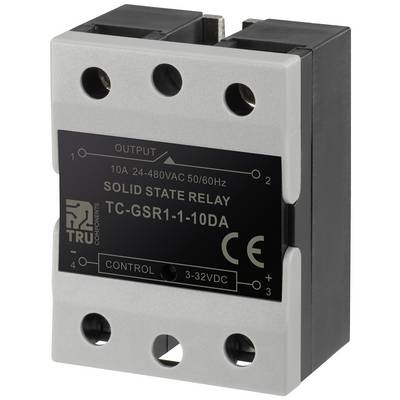 Un relais statique portant l'inscription 'Solid State Relay TC-GSR1-1-10DA', 10A, 24-480VAC, 3-32VDC, sur un fond blanc.