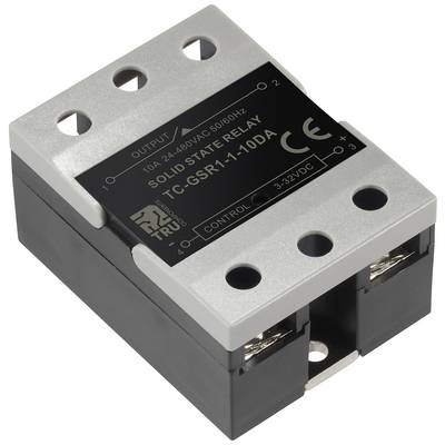 Un relais statique d'une capacité de 10A pour une tension de 24-480V AC et une plage de commande de 3-32V DC. Il est marqué CE.