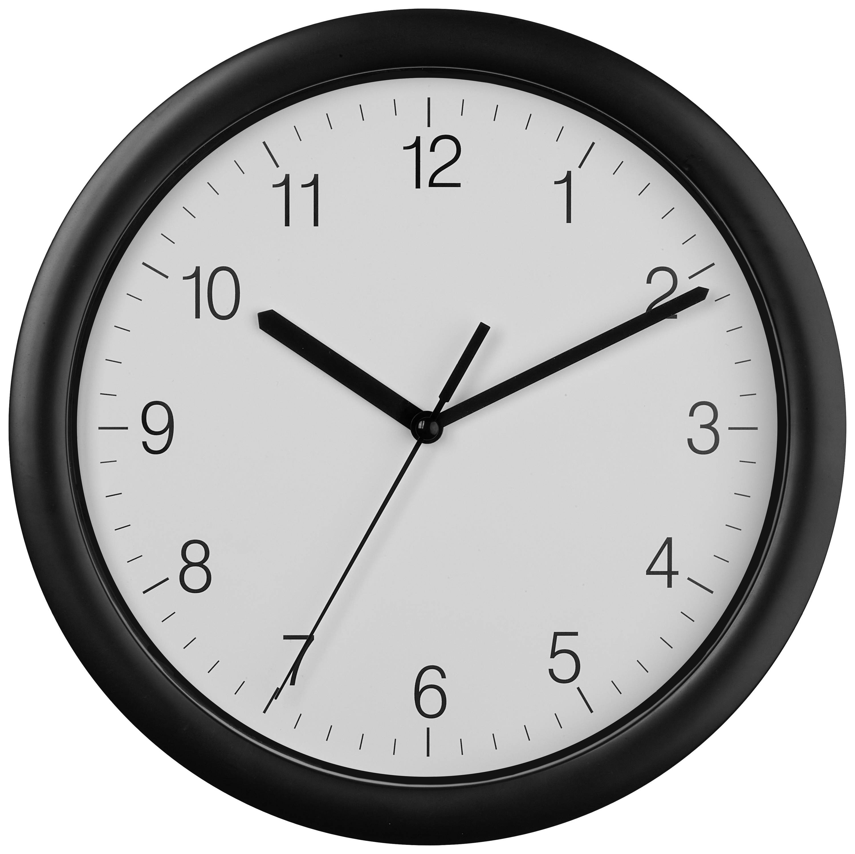 Une horloge murale ronde indique 1h50. Elle a un cadran blanc et des aiguilles noires.