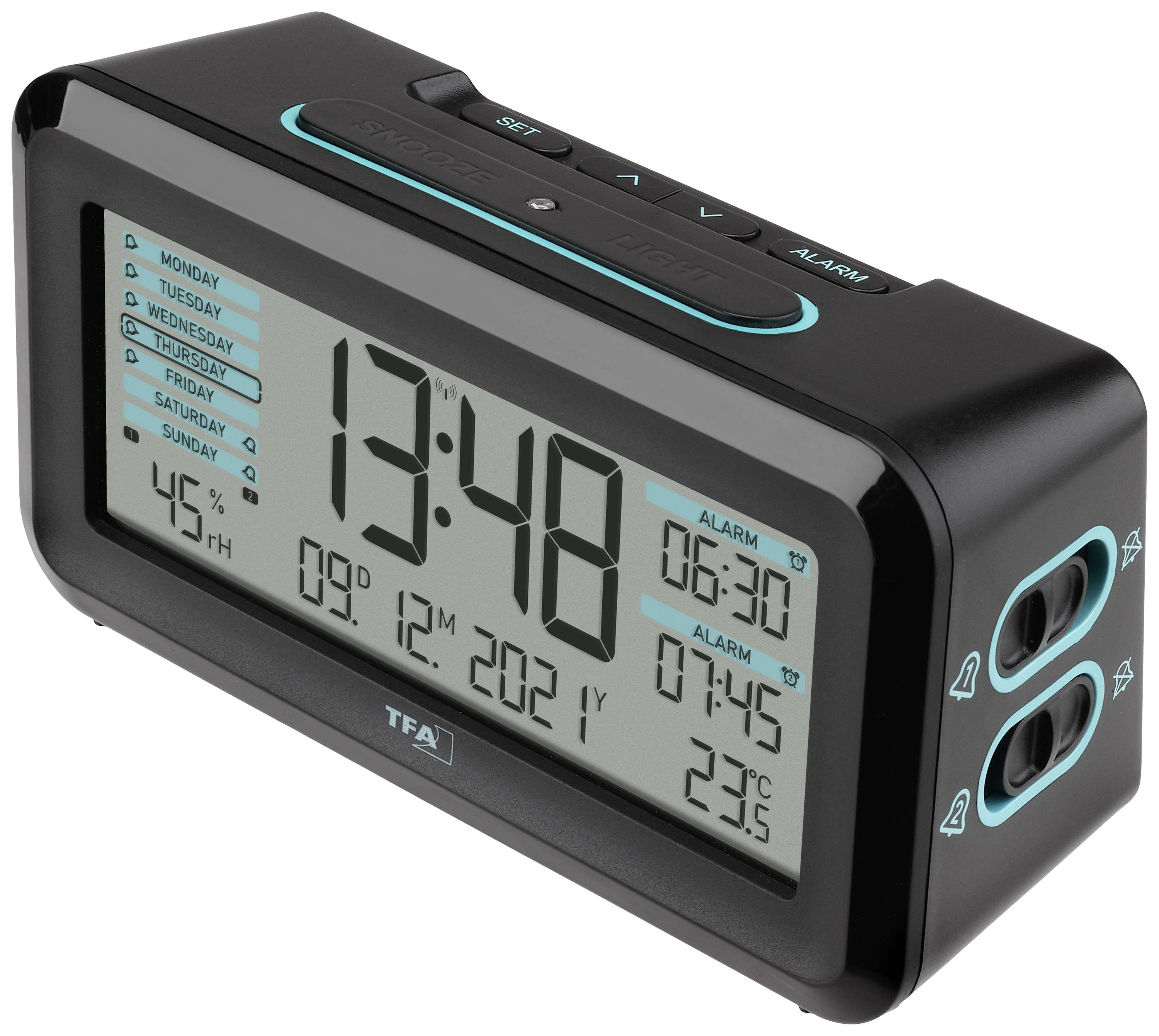 TFA Dostmann 60.2562.01.GB radiopiloté(e) Réveil noir, bleu clair Heures de réveil 2 grand écran