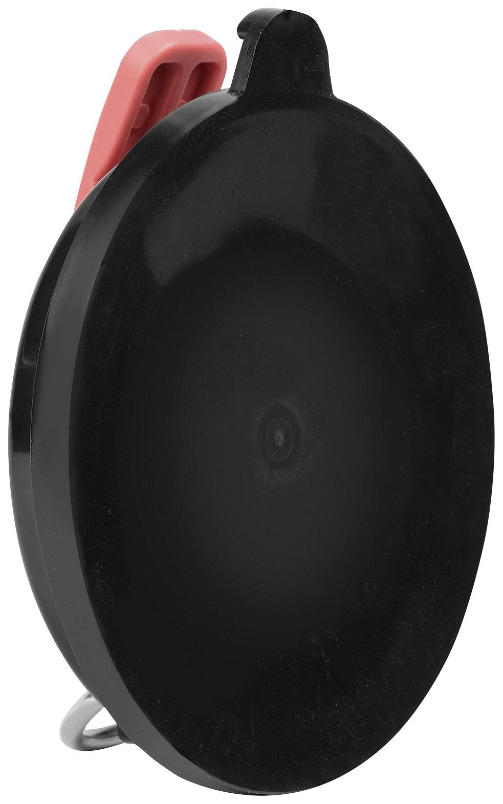 Bobine ronde noire avec un clip rouge, probablement un accessoire ou un outil.