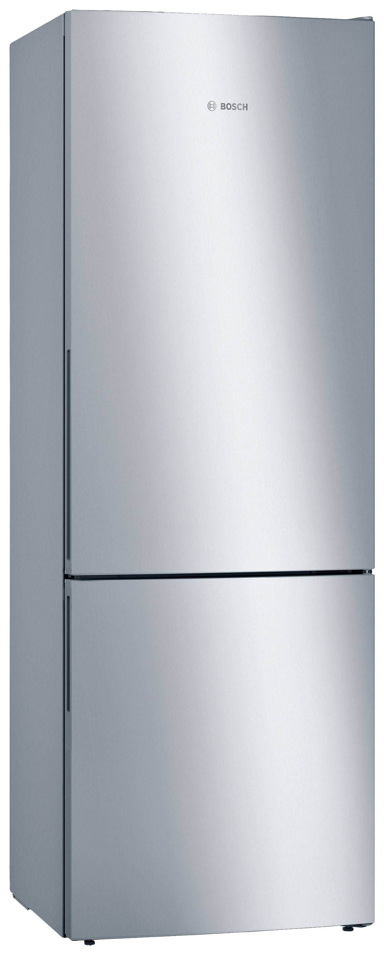 Un réfrigérateur argenté avec un congélateur en bas, au design minimaliste. Le nom de marque 'Bosch' est visible en haut de la porte.