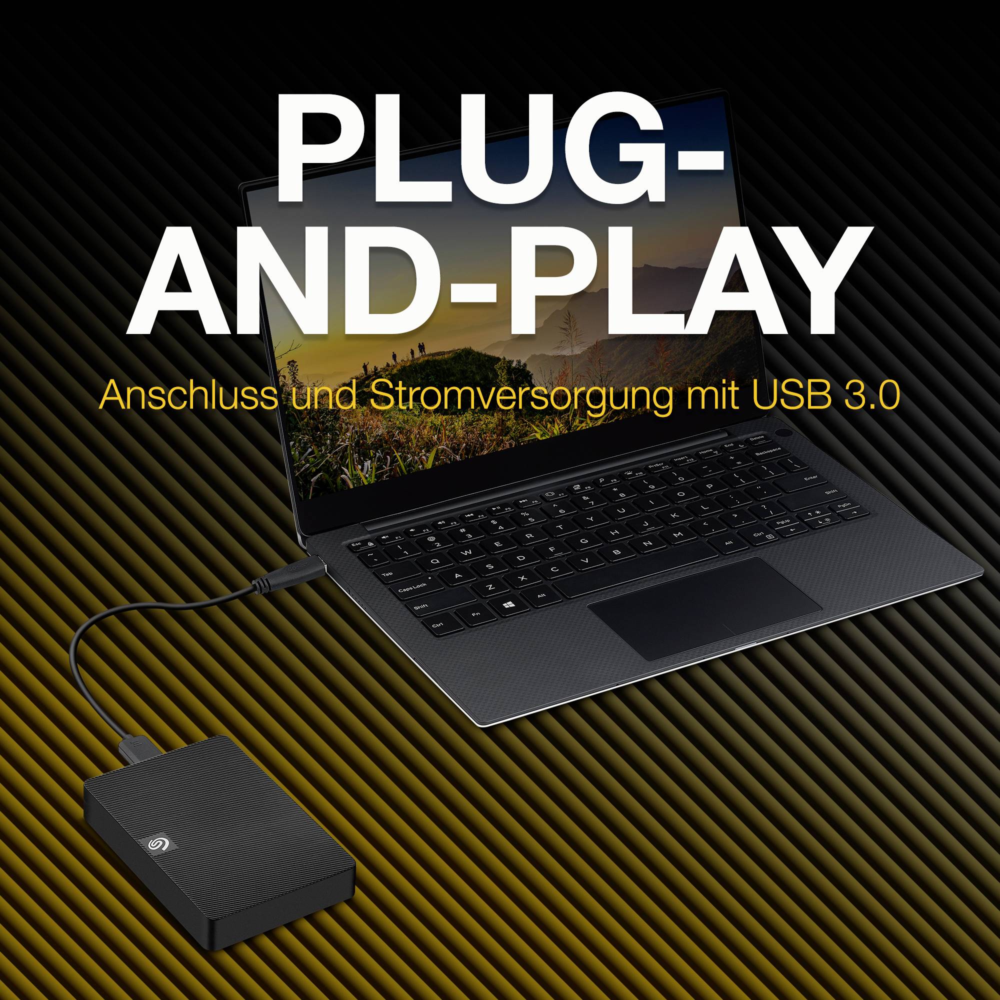 Plug-and-Play : Connexion et alimentation avec USB 3.0. Ordinateur portable connecté à un disque dur externe, soulignant la facilité d'utilisation.