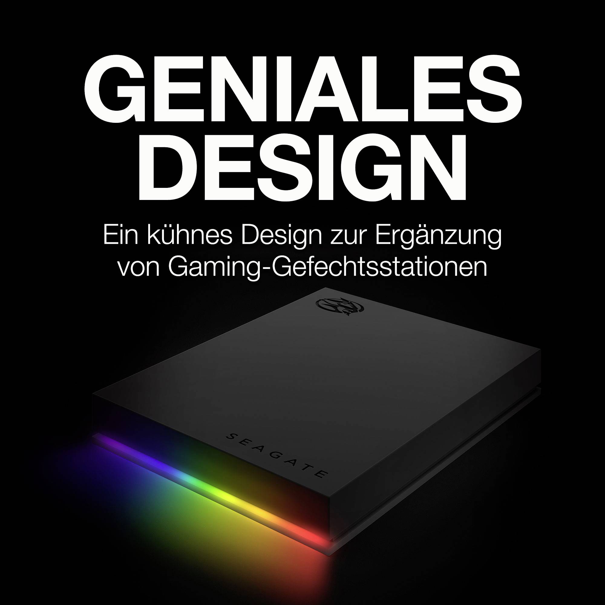 Design génial sur un disque dur Seagate noir avec un éclairage arc-en-ciel à la base. Conçu pour un setup gaming.