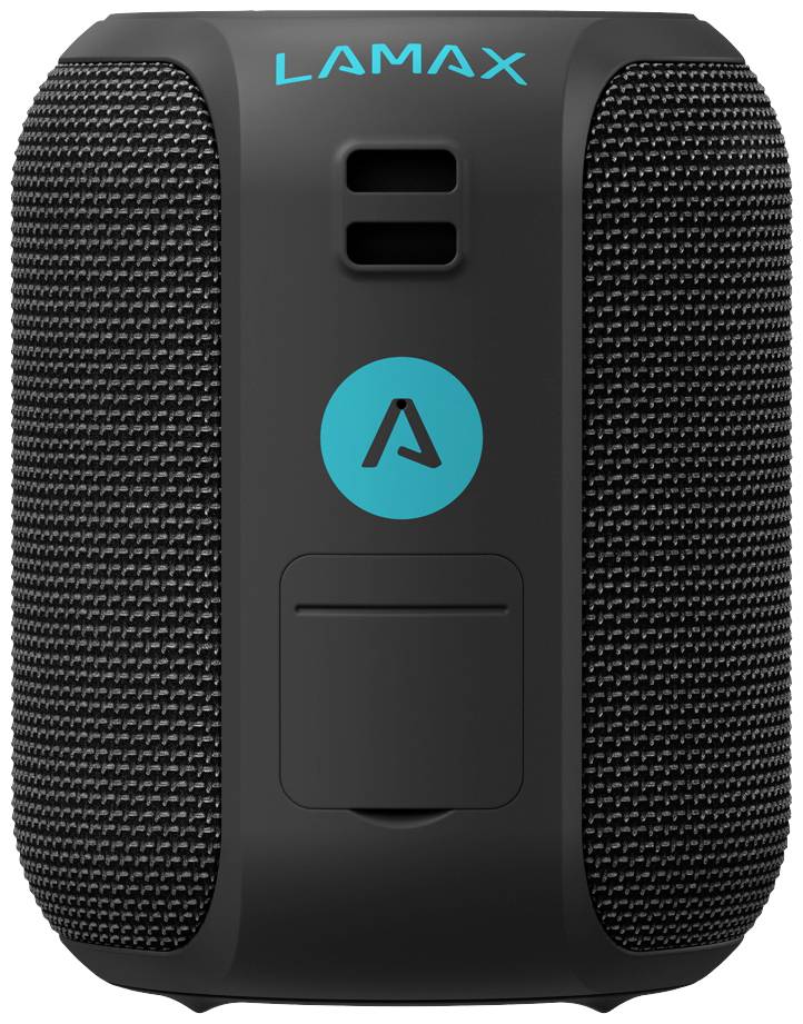 Enceinte Bluetooth portable noire avec des touches bleues et un design distinctif, parfaite pour la diffusion sans fil de musique.