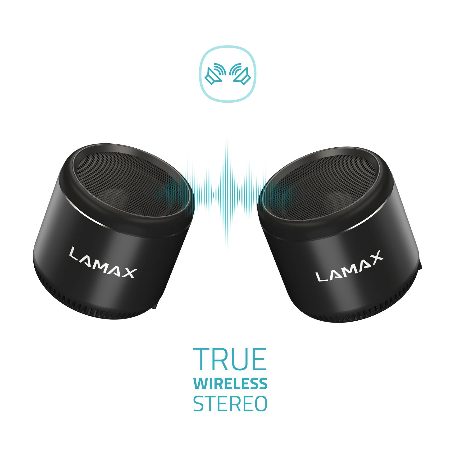 Deux enceintes noires sans fil avec le logo 'LAMAX'. Le texte 'TRUE WIRELESS STEREO' indique un son stéréo sans fil.