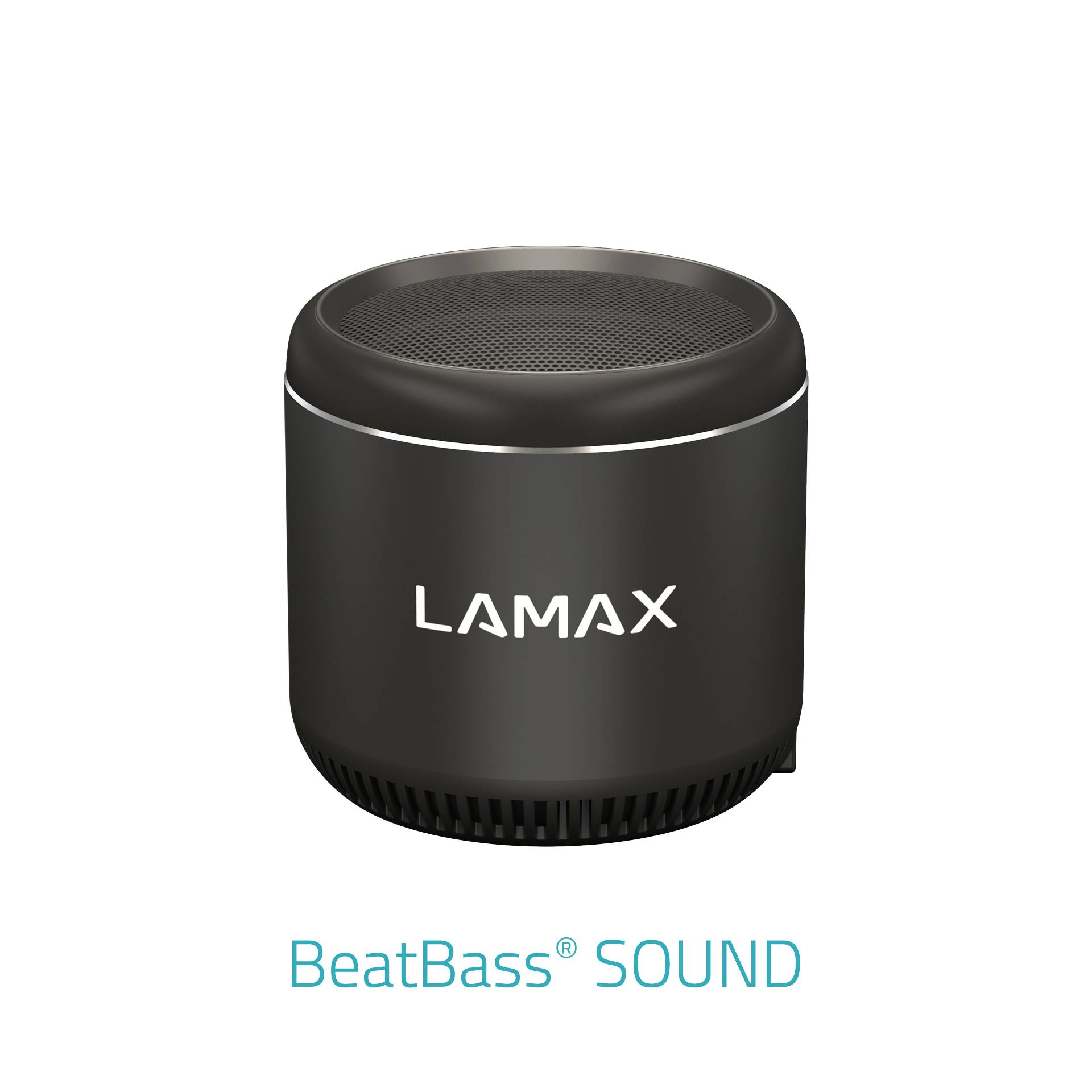 Enceinte portable noire avec l'inscription 'LAMAX'. En dessous, en lettres bleues, 'BeatBass® SOUND'.