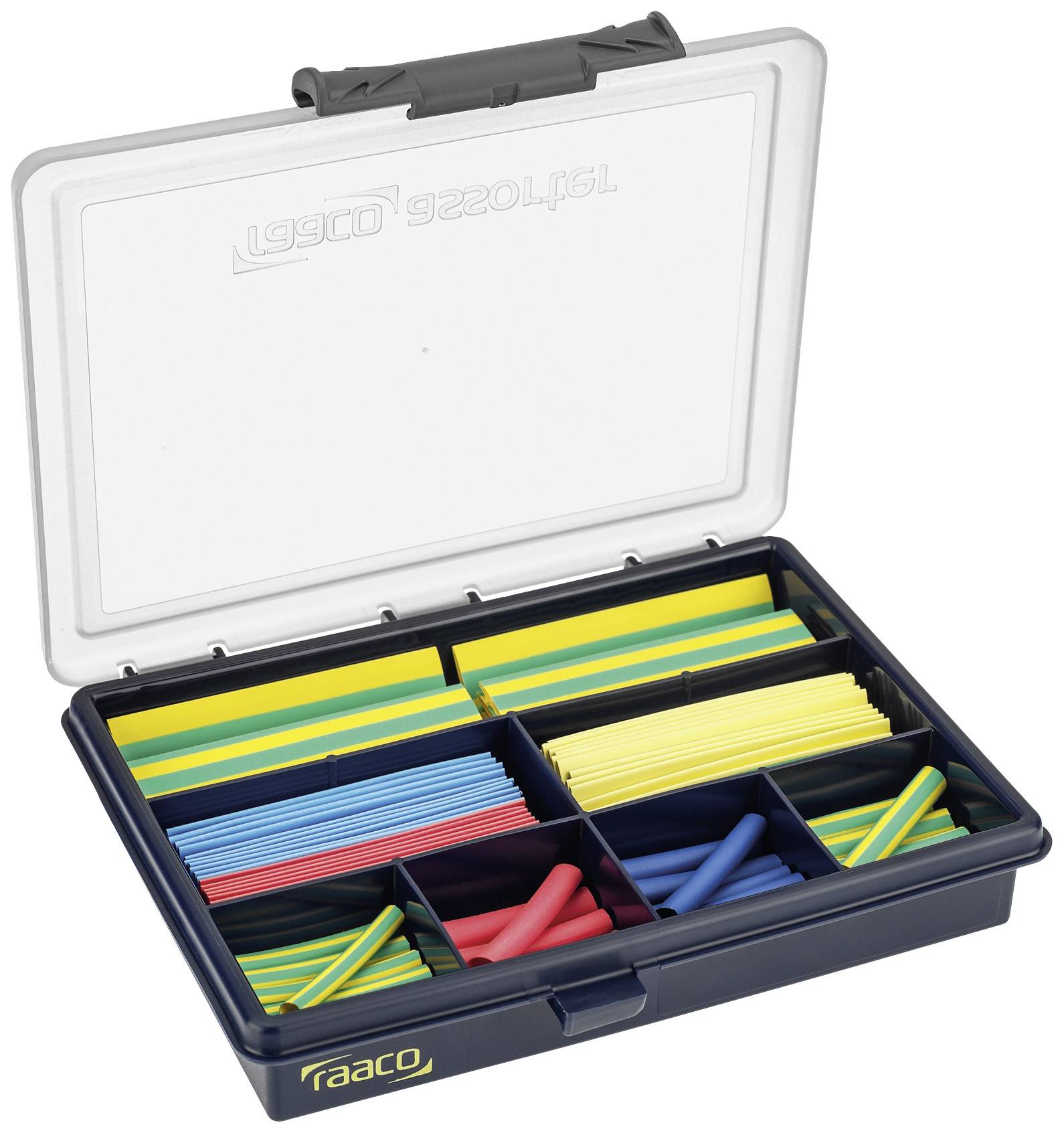 Boîte en plastique ouverte à plusieurs compartiments, remplie de colliers de serrage colorés en bleu, rouge, jaune et vert.