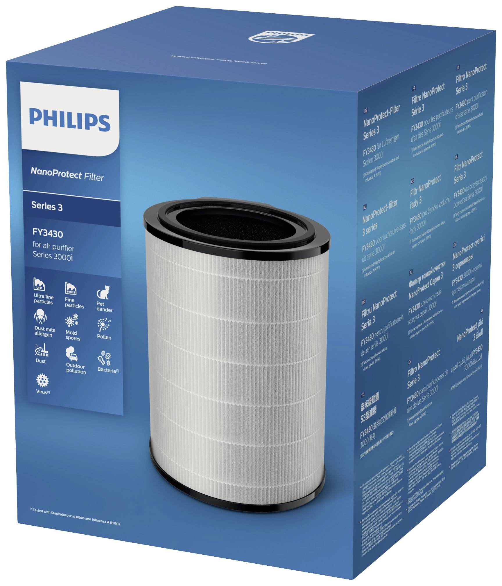 Filtre NanoProtect de Philips, Série 3 pour purificateur d'air, montrant un filtre à air cylindrique sur un fond bleu avec des spécifications de produit.