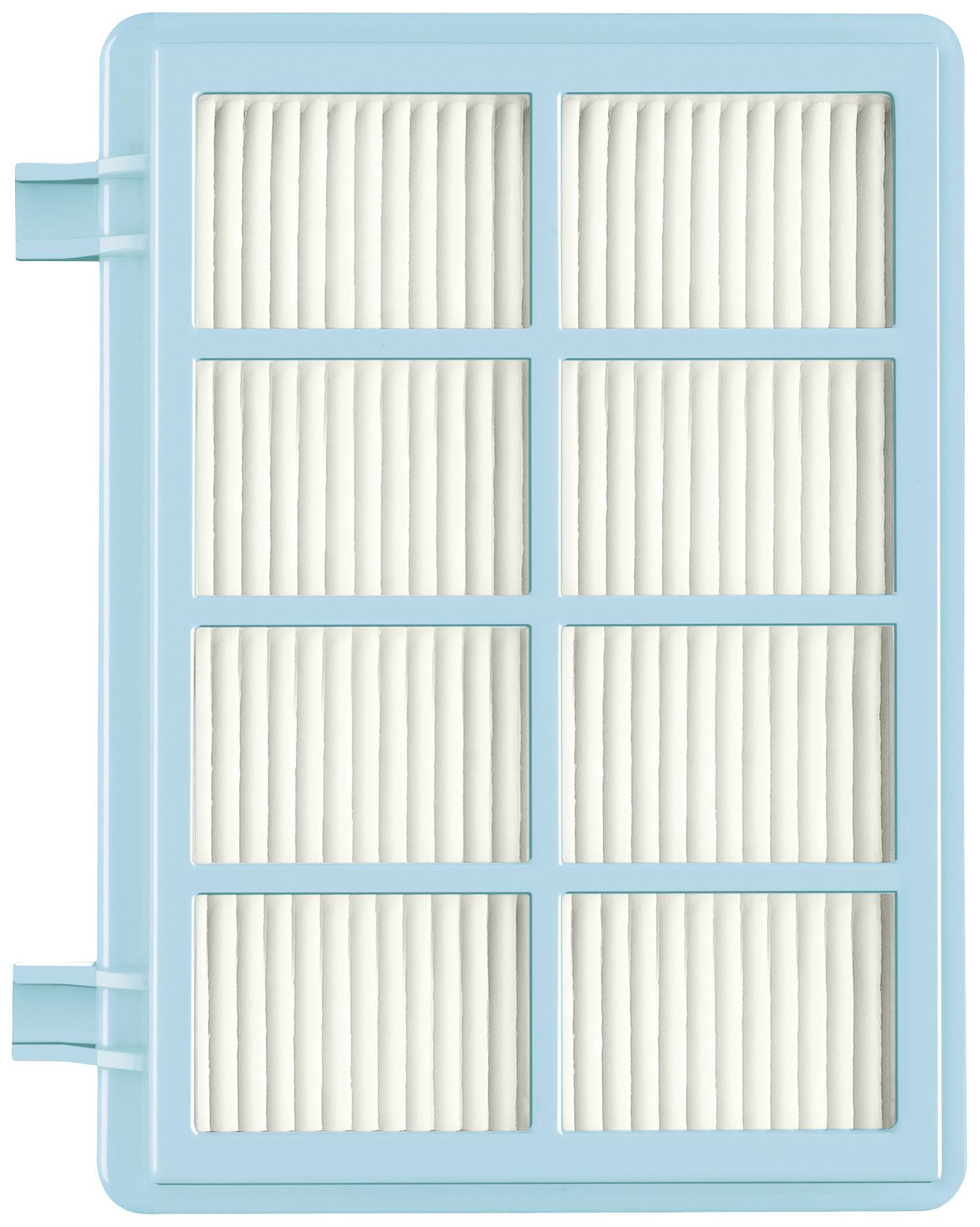 Un filtre rectangulaire bleu clair avec huit sections carrées remplies de fibres blanches ondulées.