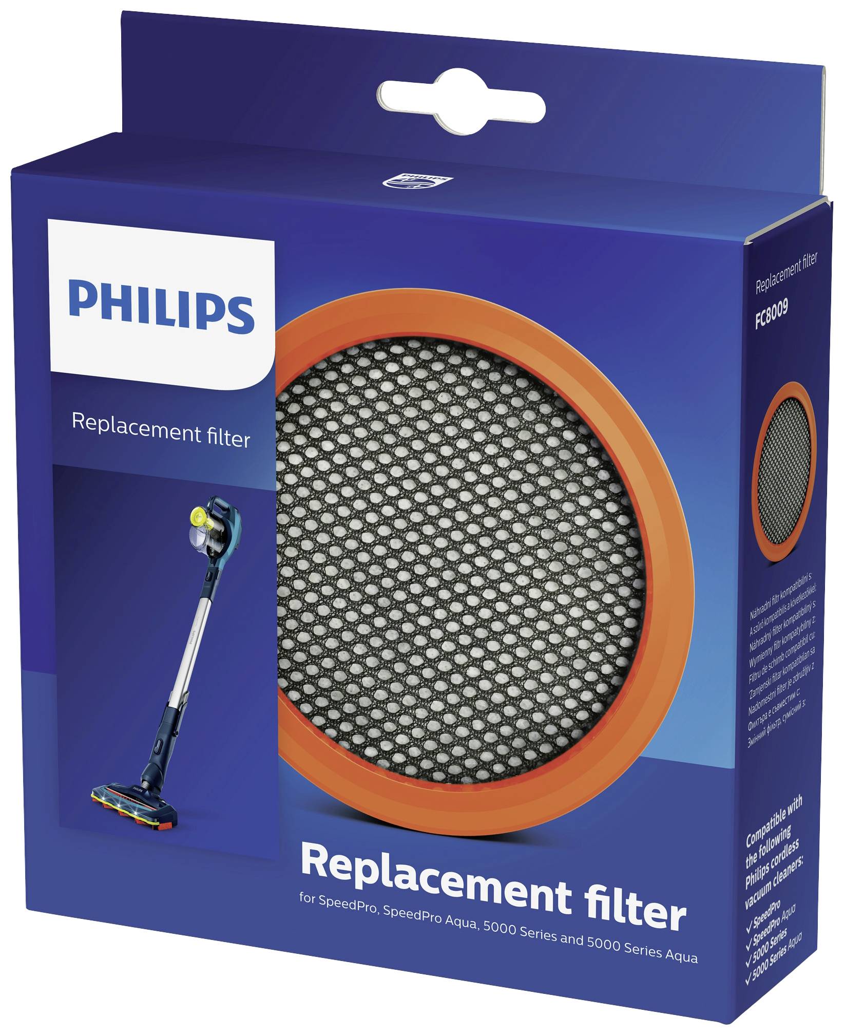 Emballage de 'Filtre de rechange Philips' avec image du produit. Filtre avec bordure orange. Compatible avec SpeedPro Aqua et séries 5000.