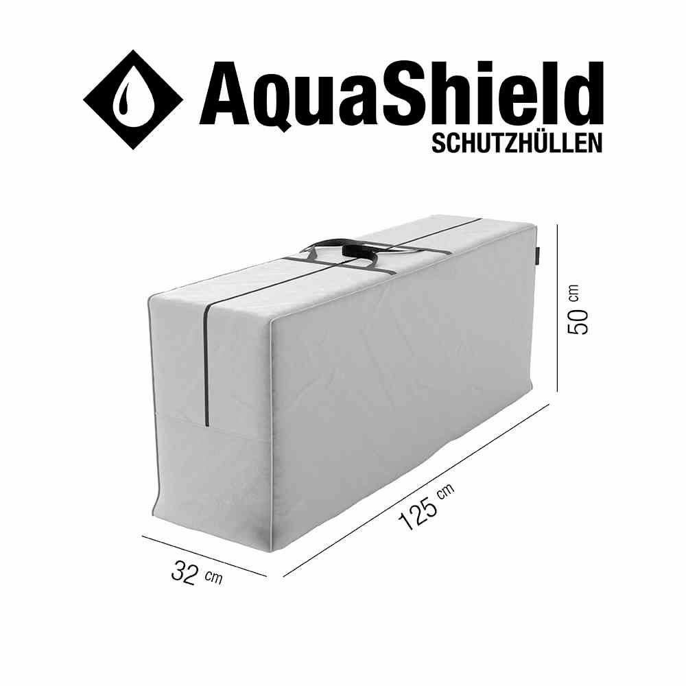 Housse de protection blanche AquaShield, rectangulaire (125 x 32 x 50 cm), avec poignée en haut. Idéale pour recouvrir meubles ou appareils.