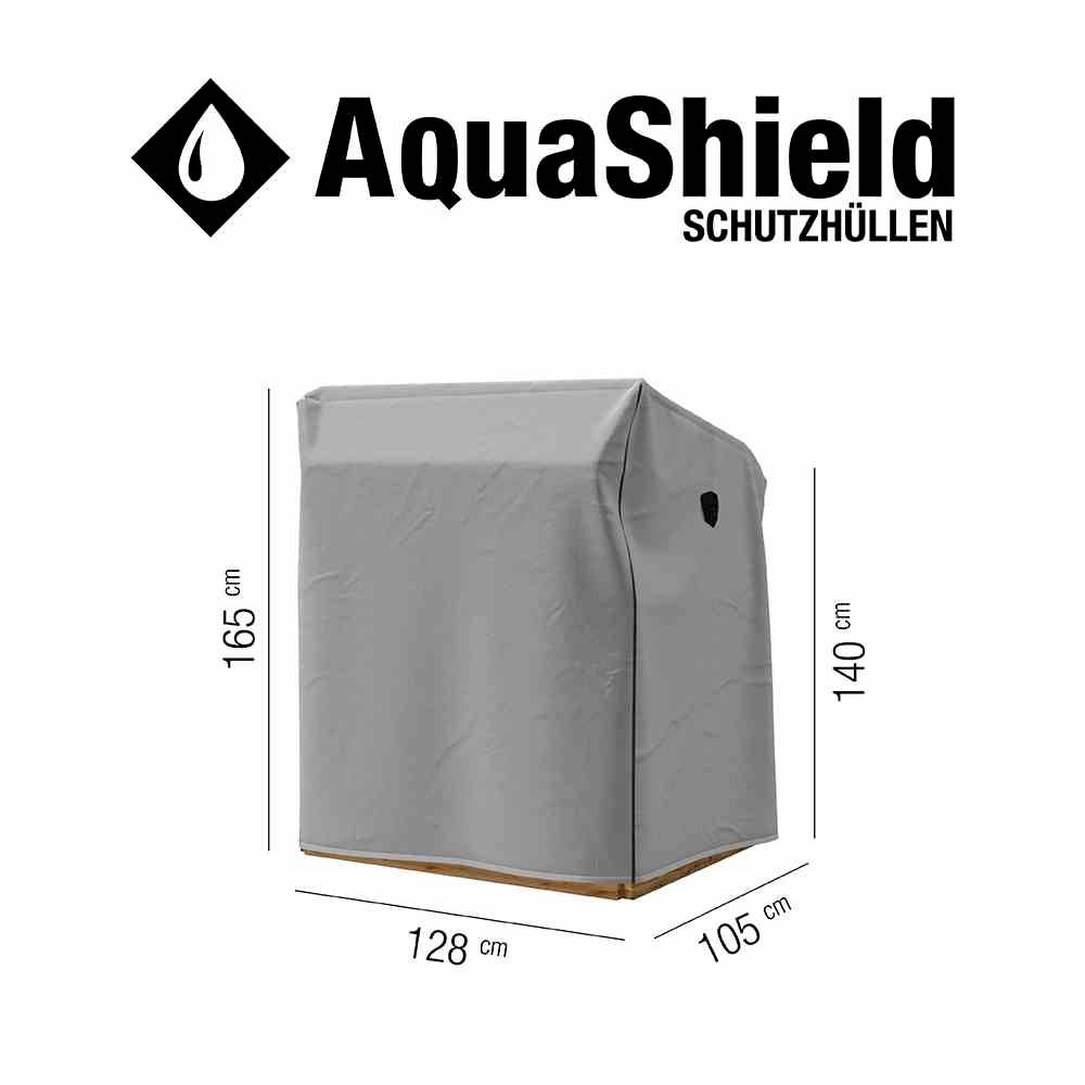 Housse de protection grise pour meubles de jardin, rectangulaire, aux dimensions 165 cm de hauteur, 128 cm de largeur, 105 cm de profondeur, marque 'AquaShield'.