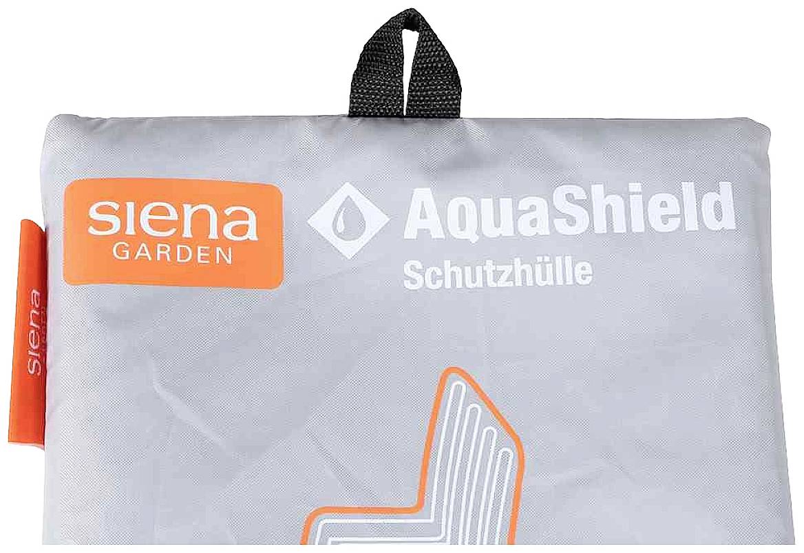 Housse de protection Siena Garden AquaShield en gris avec poignée, logo orange et blanc dans le coin, adaptée à la protection des meubles de jardin.