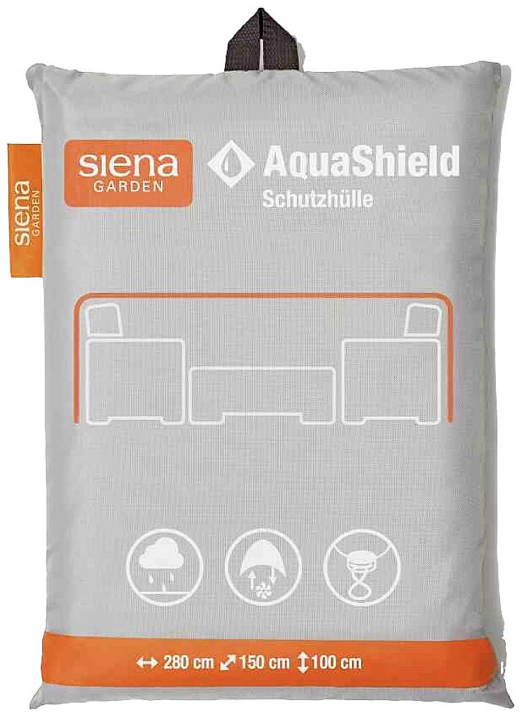 Housse de protection grise de 'siena GARDEN' pour meubles de jardin, avec symboles indiquant la résistance aux intempéries. Dimensions : 280 x 150 x 100 cm.