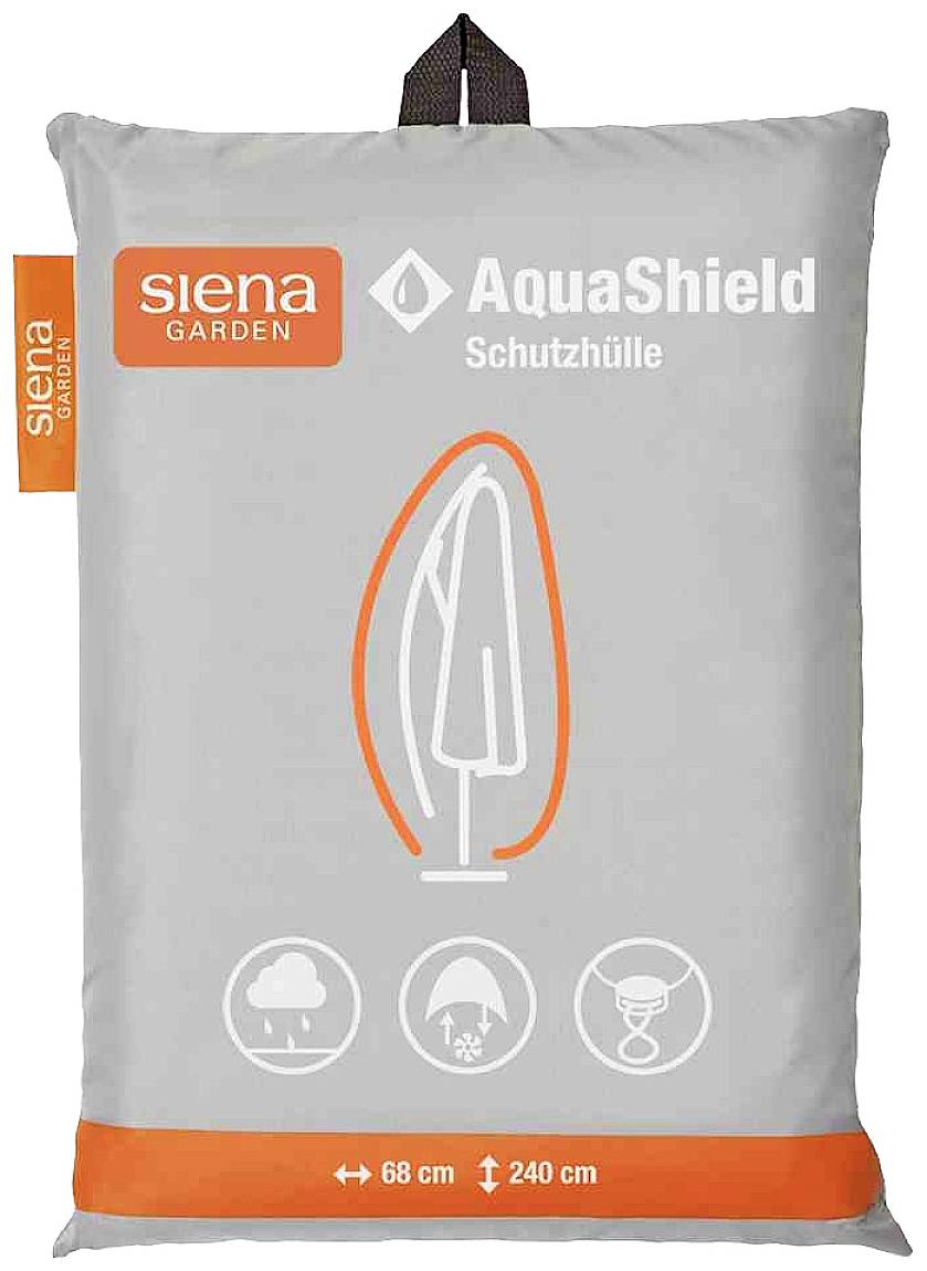 Une housse de protection grise de Siena Garden, nommée 'AquaShield', pour parasols, aux dimensions de 68 x 240 cm.