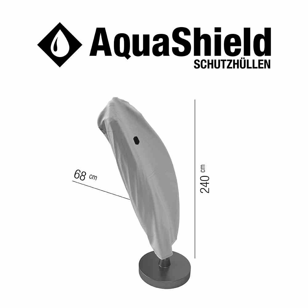 Logo 'AquaShield Schutzhüllen' en haut. Housse tendue au-dessus d'un parasol, dimensions 68 cm x 240 cm, socle de parasol visible.