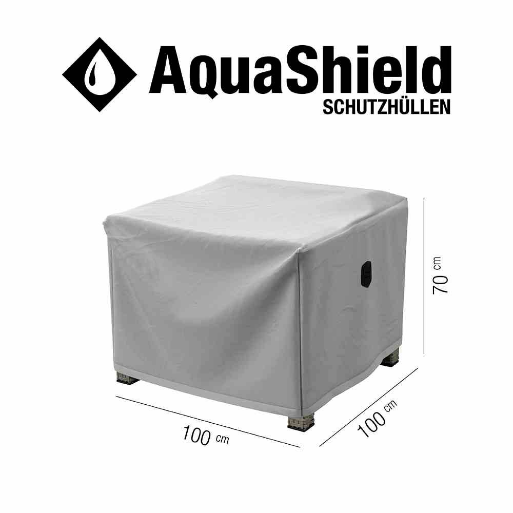 Housse beige sur un meuble carré, mesurant 100 cm x 100 cm x 70 cm. Nom de marque 'AquaShield Schutzhüllen' en haut de l'image.