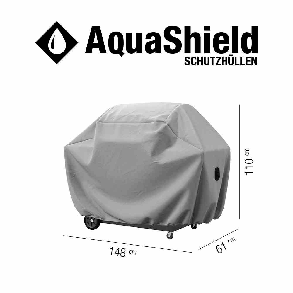 Housse de protection pour barbecue AquaShield. Dimensions : 148 cm de large, 61 cm de profondeur, 110 cm de hauteur. Adapté à la protection des barbecues d'extérieur.