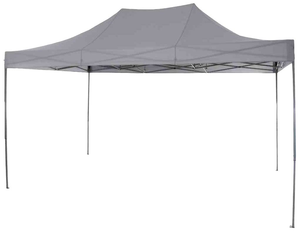Un pavillon gris métallisé avec quatre supports d'angle et un toit trapézoïdal. Idéal pour les événements en extérieur et la protection solaire.