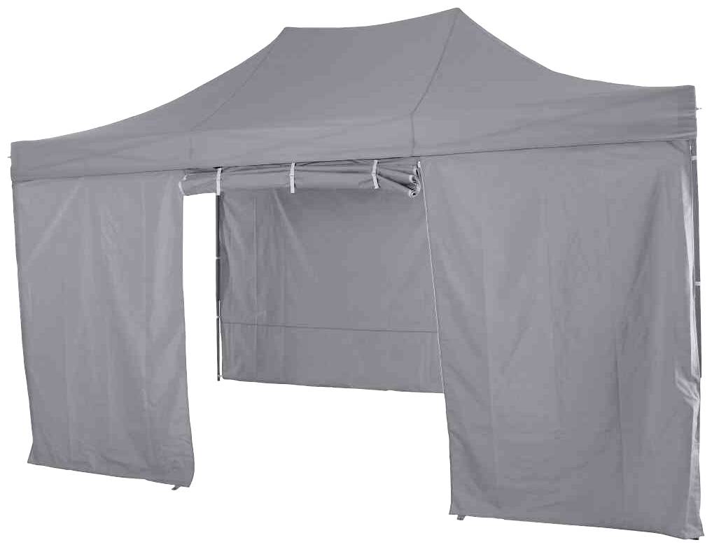 Tente pavillon grise avec entrée ouverte et deux côtés, adaptée aux événements extérieurs ou aux salons.
