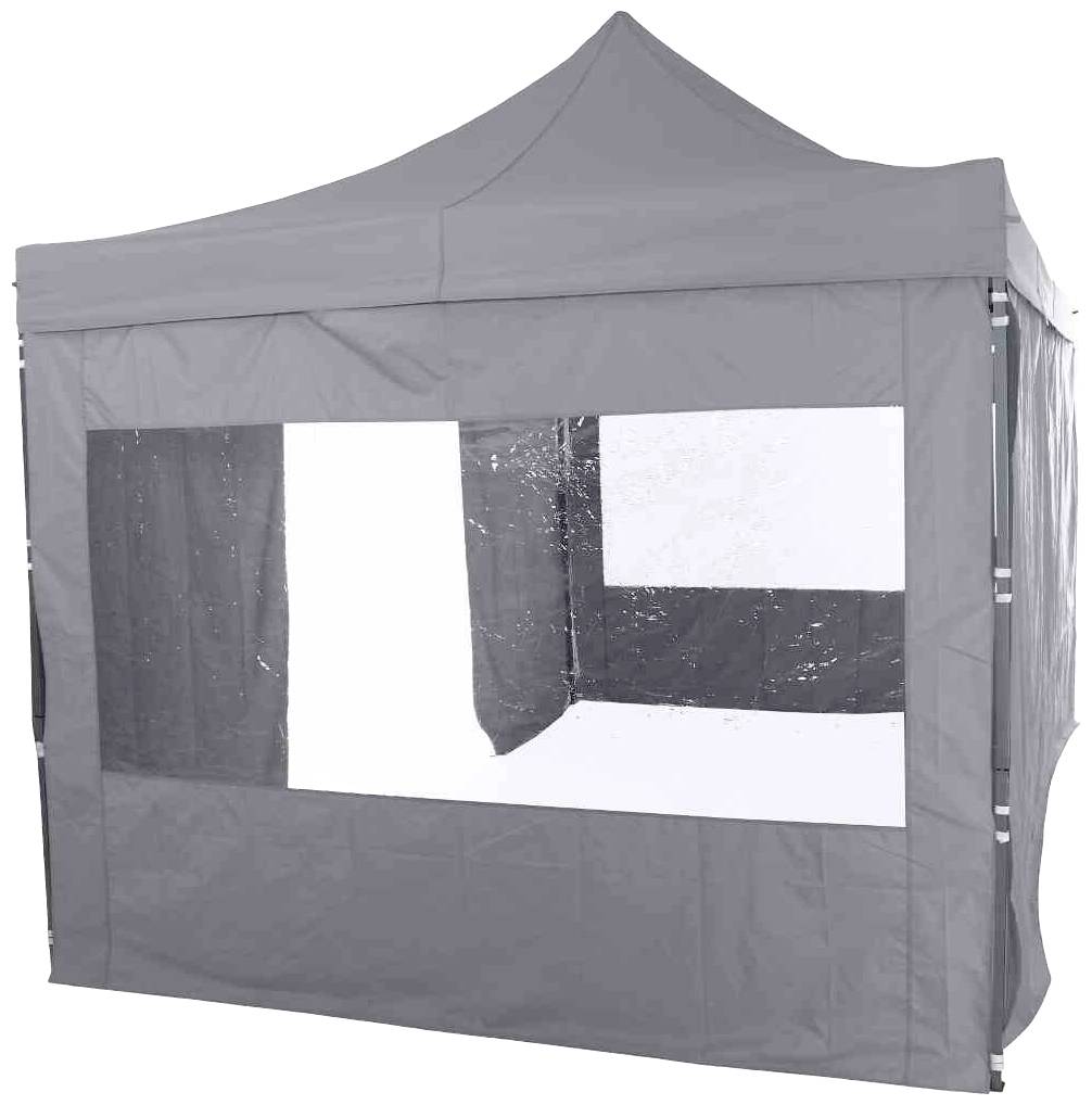 Tente de pavillon grise avec fenêtre transparente, adaptée aux événements en extérieur. Robuste avec une bâche imperméable.