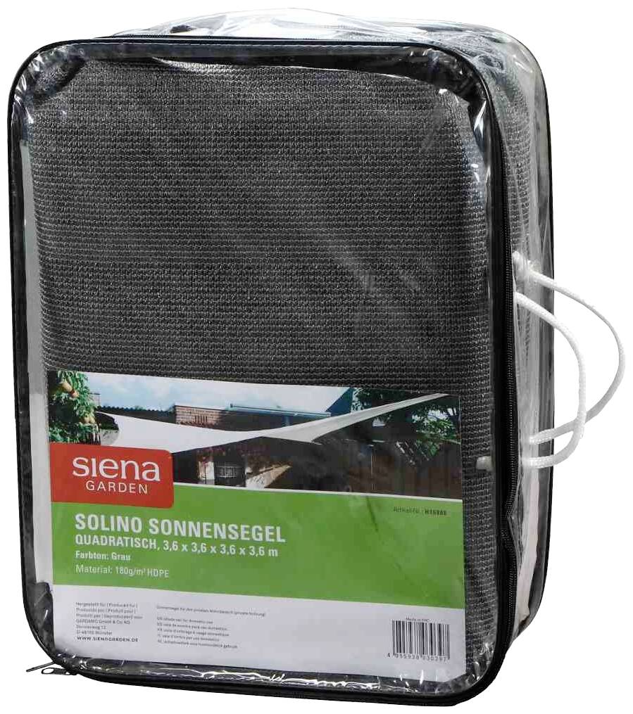 Un paquet emballé en plastique d'un voile d'ombrage carré de Siena Garden, modèle 'Solino', en gris.