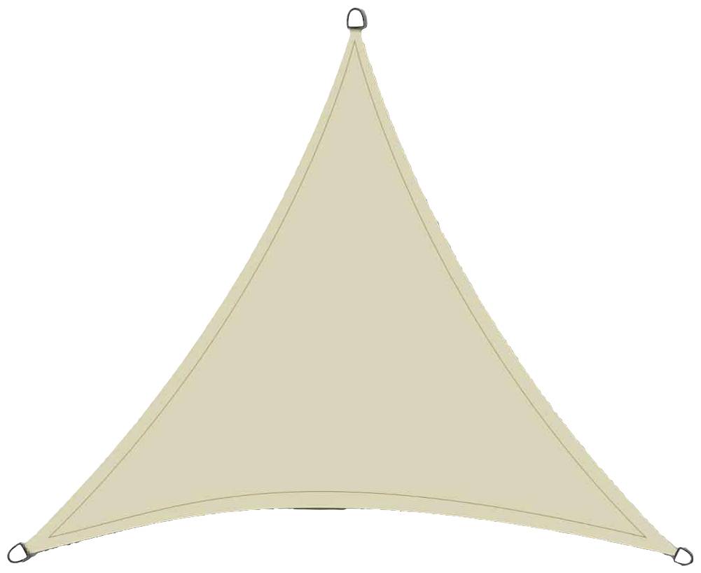 Un voile d'ombrage triangulaire, de couleur crème, avec des œillets métalliques aux coins, idéal pour créer de l'ombre dans un espace extérieur.