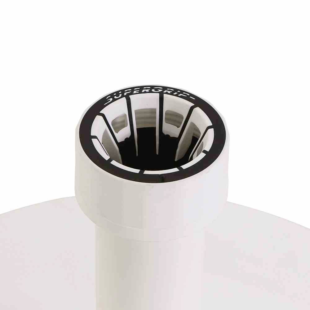 Structure cylindrique blanche avec insert noir strié en haut, portant l'inscription 'Supergrip'.