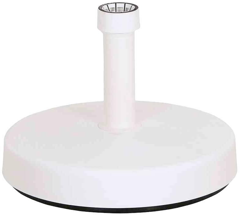 Un support de sol blanc et rond, muni d'un mât vertical central et d'une ouverture métallique en haut, probablement destiné à un parasol ou à une structure similaire.
