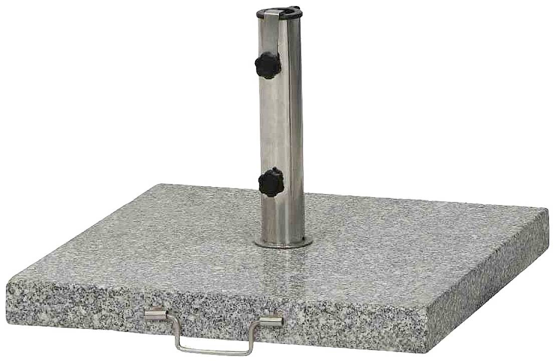 Un support de parasol carré en granit gris avec un tube métallique central et une poignée sur l'avant.