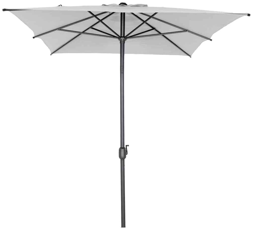 Un grand parasol avec une structure anthracite et une toile gris clair, ouvert, vu de face.