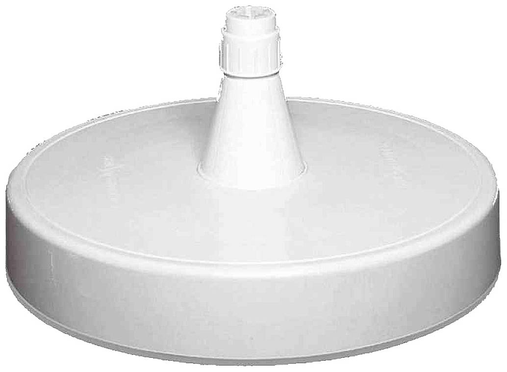 Couvercle en plastique blanc et rond, avec une ouverture centrale légèrement surélevée.