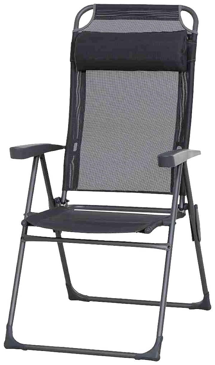 Une chaise pliante noire avec accoudoirs et un dossier haut en tissu respirant. Adaptée pour le jardin ou la terrasse.